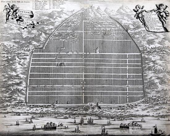 An engraved map of Guangzhou (Canton) by Michiel Cnobbert, Antwerp, c.1666, 28 x 36cm